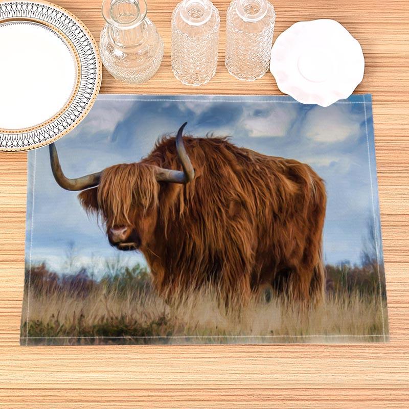 Highland Cow Placemat Cotton Linen Fabric Table Mats Family Dinner Tableware Kitchen Size 30X45cmTable Mat