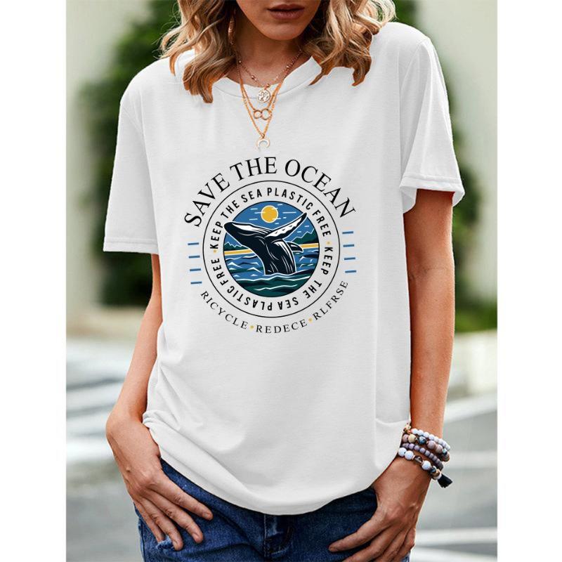 Spring Summer Whale Swimming Letter Pattern Printed Loose Fitting Cotton Short Sleeved Round Neck T-Shirts Women’s
