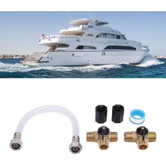 RV Water Heater By Pass Kit, 12 Inch Reinforced Hose with 3 Male 1/2 Inch NPT Valves and Double Female Connectors