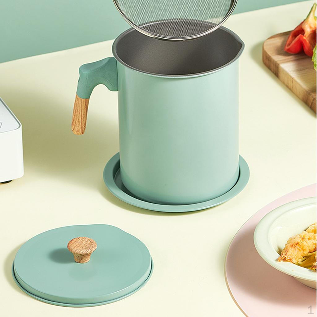 Container Iron Wood Grain Handle Storage Pot with Coaster Tray Fine Mesh Strainer Oil