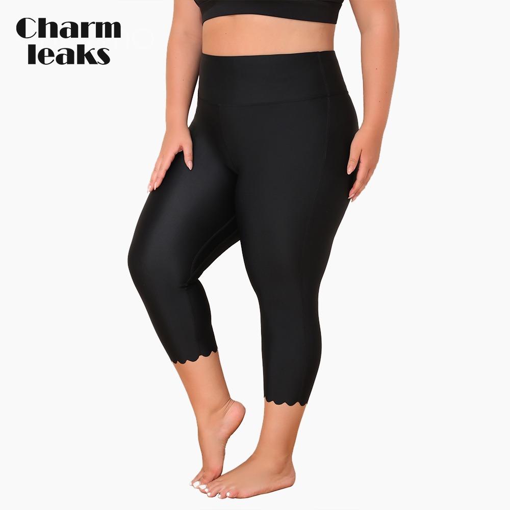 CHARMLEAKS Plus Size Swim Pants for Women High Waisted Swim Capris Waistband Pockets Swim Shorts Swimming Leggings