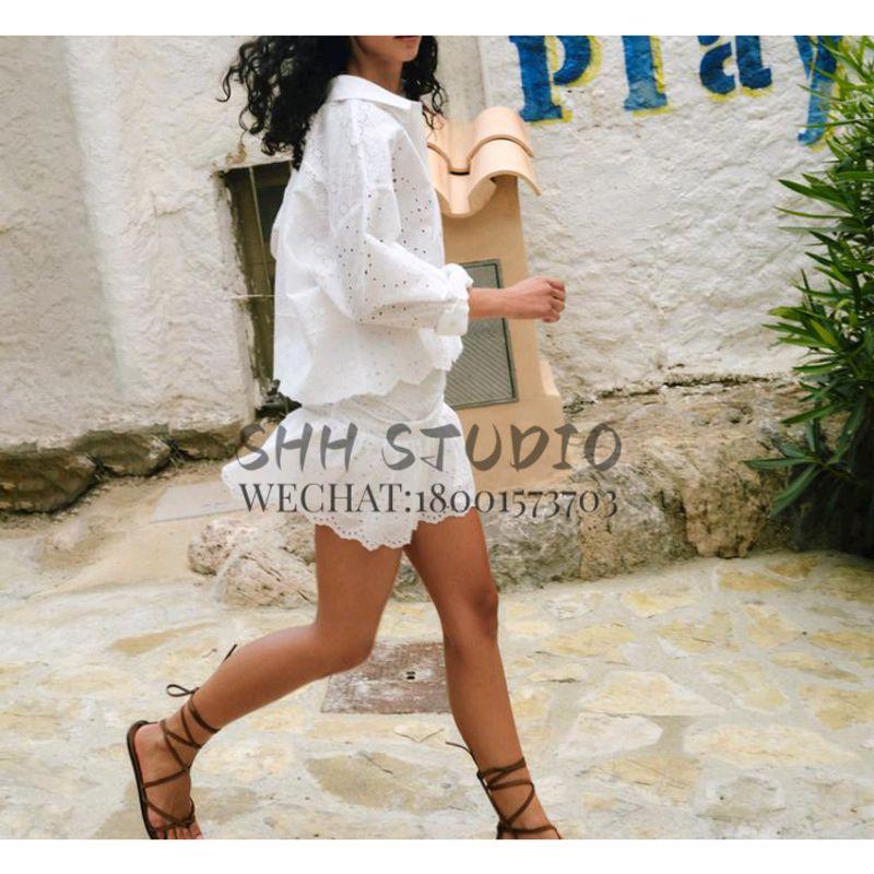 Spring New Long Sleeve Lapel Hollow Embroidery Shirts 3666088 High Waist Pleated Midi Dress 3564088