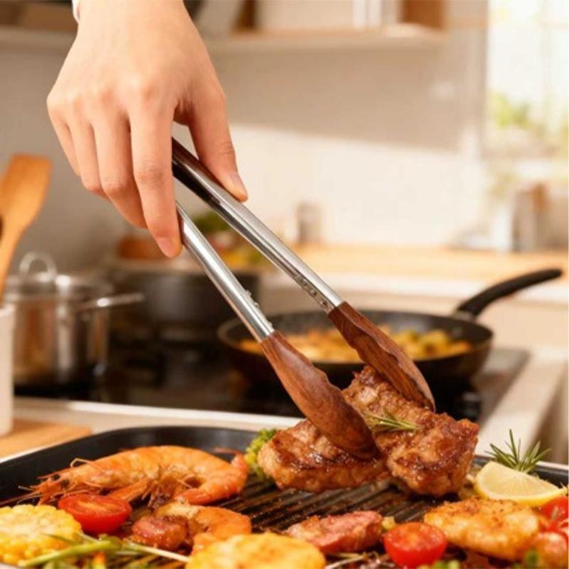 Walnut Wood Food Tong with Stainless Steel Handle Non-Stick BBQ Grilling Tong Durable Bread Dessert Clip 9/12inch Cooking Tong