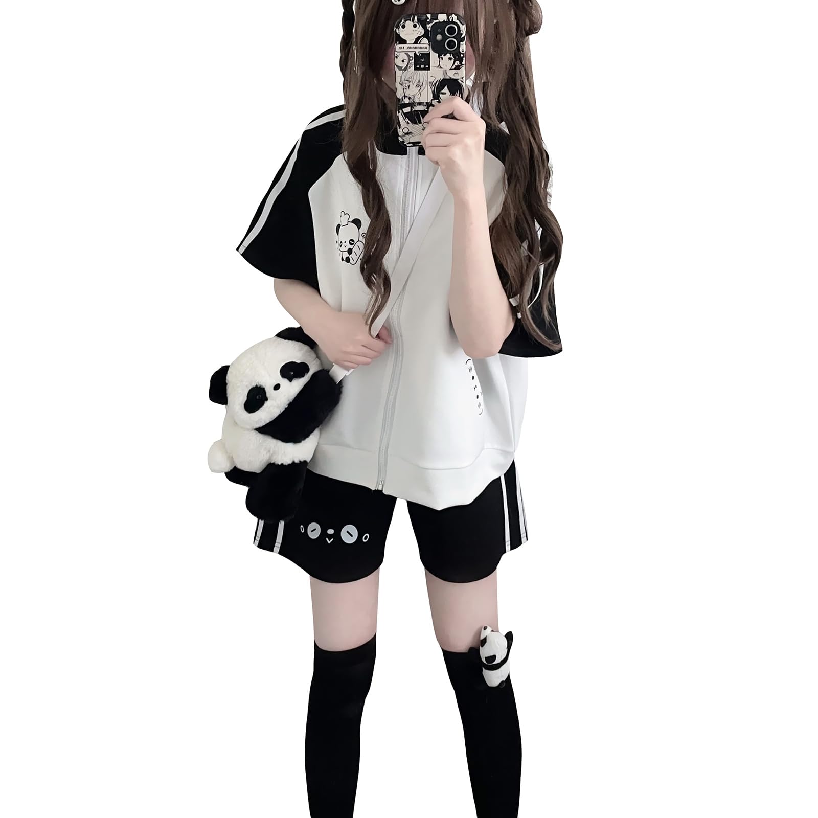 

ZYOOFOV и Толстовка Шорты Субкультура Панда Харадзюку Плюс Школьный Стиль Женский Спортивный Костюм, Брюки, Шорты, Комплект, Рукав, Унисекс, Стиль, На молнии, Милый, чёрный