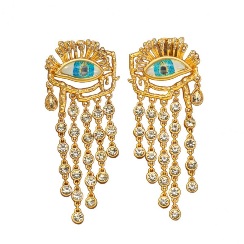 Vintage Crystal Tassel Devil's Eye Earrings Light Luxury Retro High Grade Heavy Duty Earnail Women
