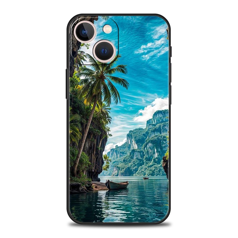 Summer Beach Scene At Sunset On Sea Palm Tree Phone Case For iPhone 16 13 15 14 12 11 Pro MAX XR X SE XS 7 8 Plus Soft TPU Cover