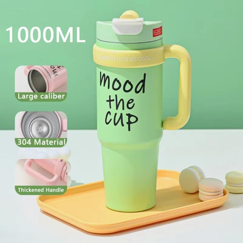 

1000ML Thermal Water Bottle Large Capacity Coffee Cups New Straw Cup зелёный