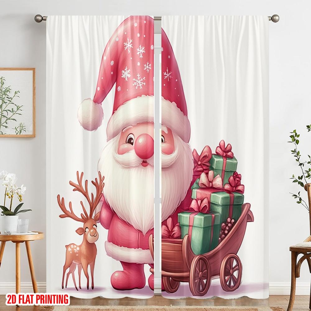 2pcs,2D Plane Printing Contemporary Curtains Cute Pink Gnome Reindeer Sleigh Gifts Durable Polyester (without Rod) Home Decor
