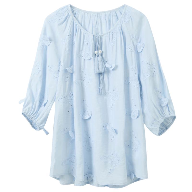 Sancai Women s Butterfly Embroidered Seven-Point Sleeve Blouse XL