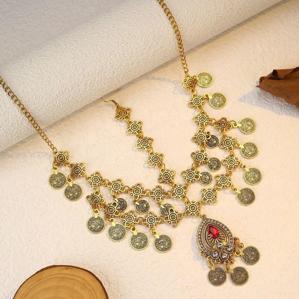Bohemian Exotic Rhinestone Tassel Necklace & Earrings Set In Antiqued Alloy