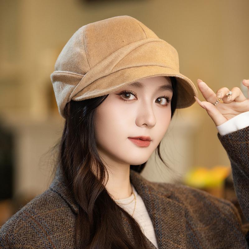 Vše ladí Vlněný Plisovaný Teplý Baret pro Dámský Podzim a Zimu Nový Ležérní Větruodolný Jezdecký Klobouk Zvýrazňující Obličej Zvýrazňující Klobouk Newsboy