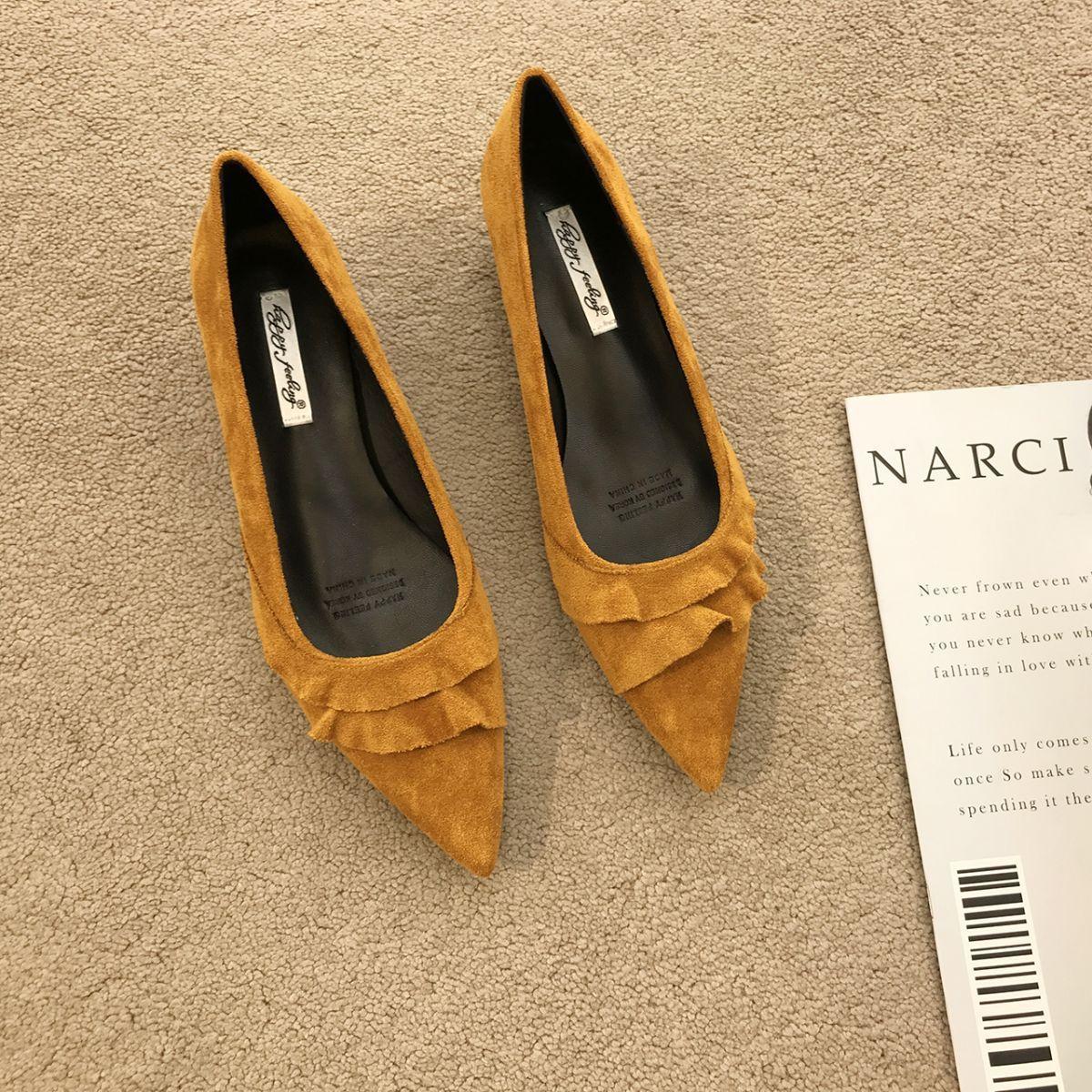 

Остроносые французские туфли с открытым верхом на толстом каблуке из замши, женские 2025, новая мягкая подошва, универсальные, для юбки, для работы, вечерние туфли 36