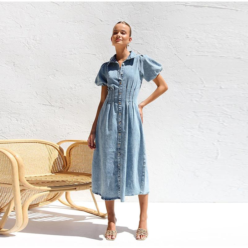 2025 Spring and Summer Puff Sleeve Short-sleeved Distressed Casual Style Shirt Denim Long Dress Single-breasted Waist Denim Long Skirt Retro