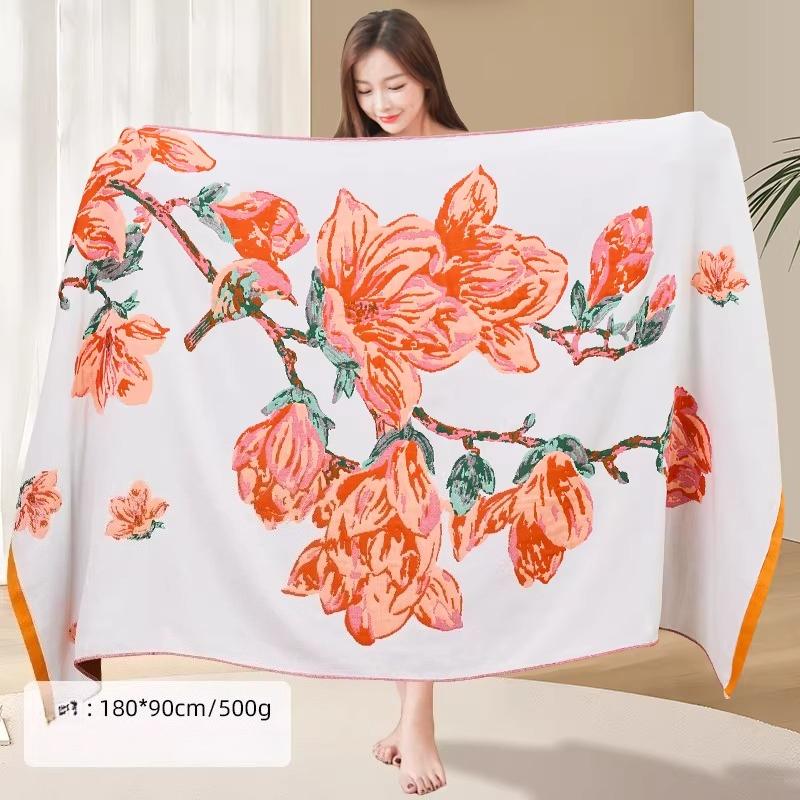 90 × 180cm Extra Large Size Bath Towel,Pure Cotton Gauze Bath Towel Floral Pattern Water-absorbing Quick-drying Soft Bath Towel,1pc