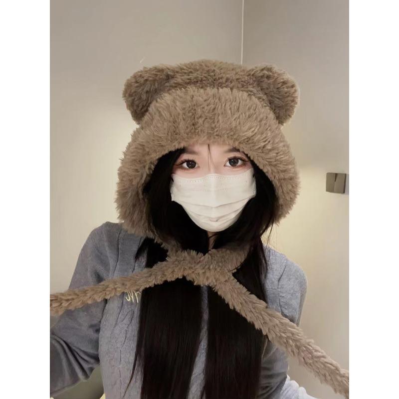 Cute Plush Bear Ears Hat Female Autumn and Winter Warm Ear Protection Big Head Circumference Shows a Small Tide