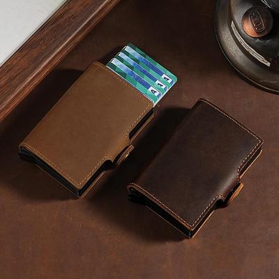 Vintage 2025 Men's Double-Layer Crazy Horse Leather Card Holder with Push-Button Pop-Up and Aluminum Clip