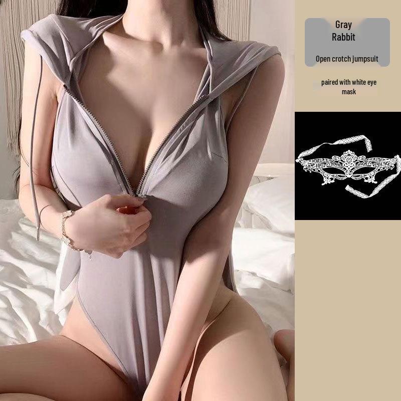 Mu Xiaochu Zipper Open Cup Bodycon Push-Up Bunny Bodysuit Lingerie