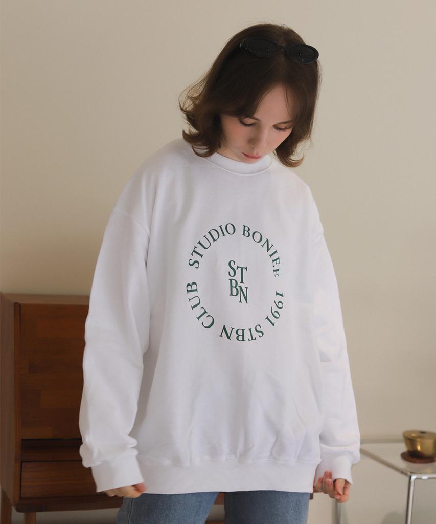 BONIEE [Fleece Lined] Circle Round Typo Graphic Logo Graphic Oversized Sweatshirt White