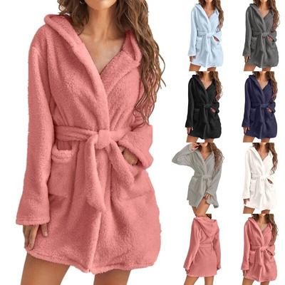 Women's Autumn and Winter Warm Plush Lace Up Cardigan Hooded Mid Length Jacket
