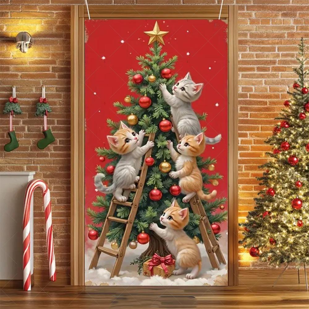 Cartoon Pet New Year Christmas Party Decorations Cat Dog Theme Door Covers Background Supplies Xmas Tree Photography Backdrop