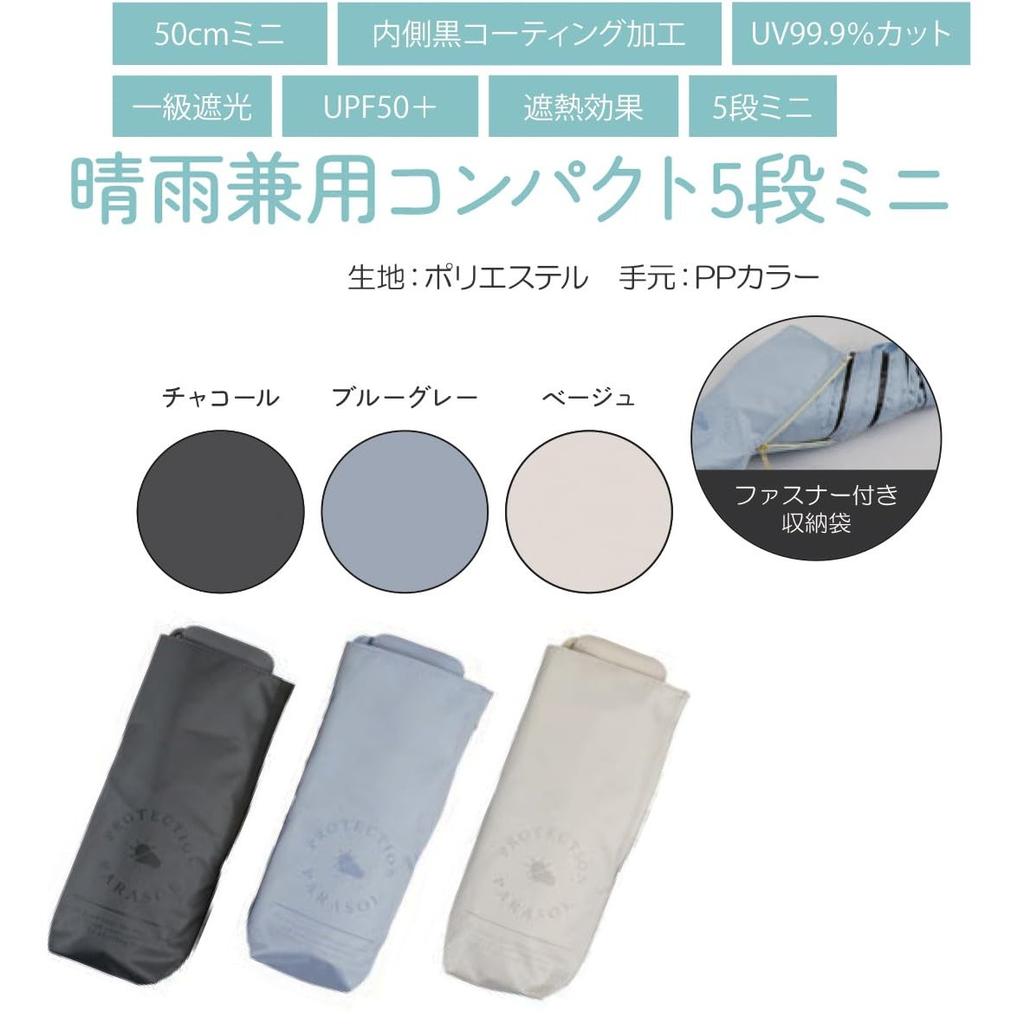 Basic Standard Compact Folding Umbrella for Women 5-Section Manual Parasol UV 99.9% Protection Heat Shielding Water Repellent Blue-Gray