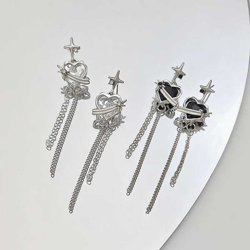 Exquisite Black Crystal Heart Dangle Earrings for Women Charm Lava Shining Star Long Tassel Earrings Fashion Jewelry Accessories