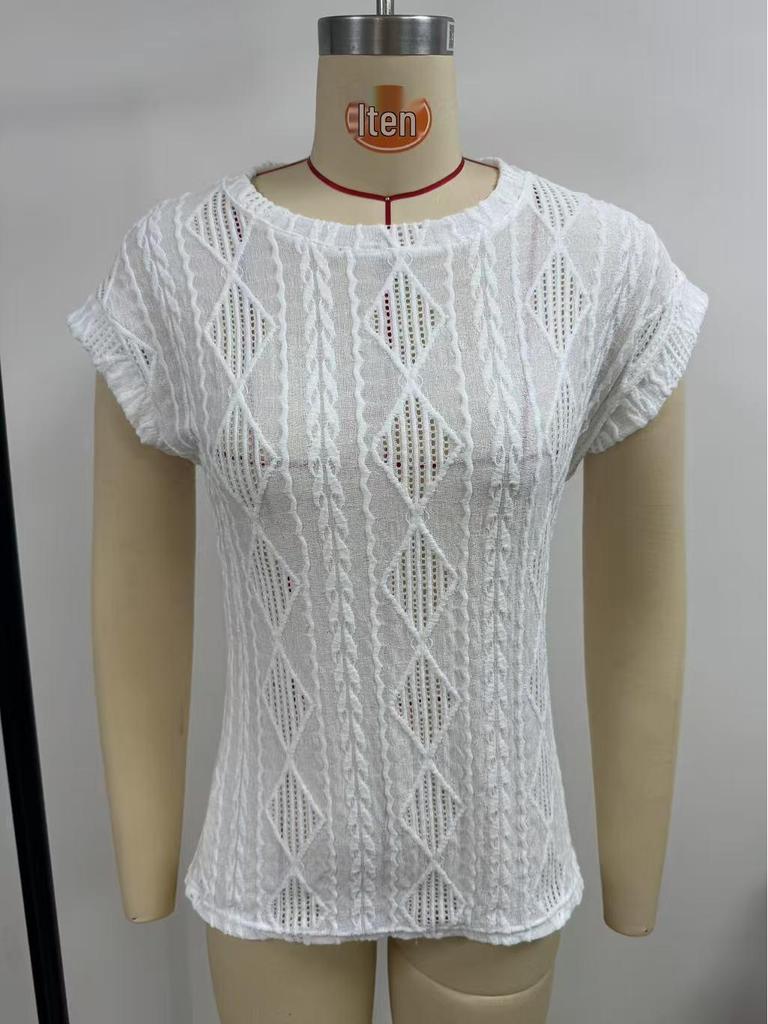 2025 Summer Women's Jacquard Round Neck Short Sleeve Loose T-shirt Vest