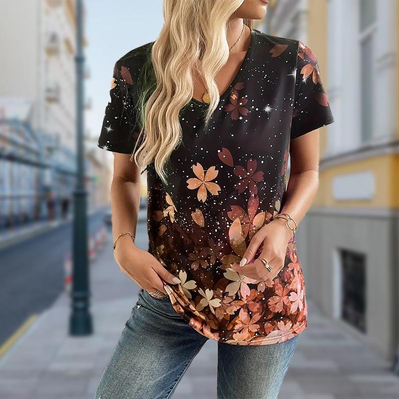 Fashion Falling Flowers Printing Blouses Short Sleeve V-Neck T Shirts Casual