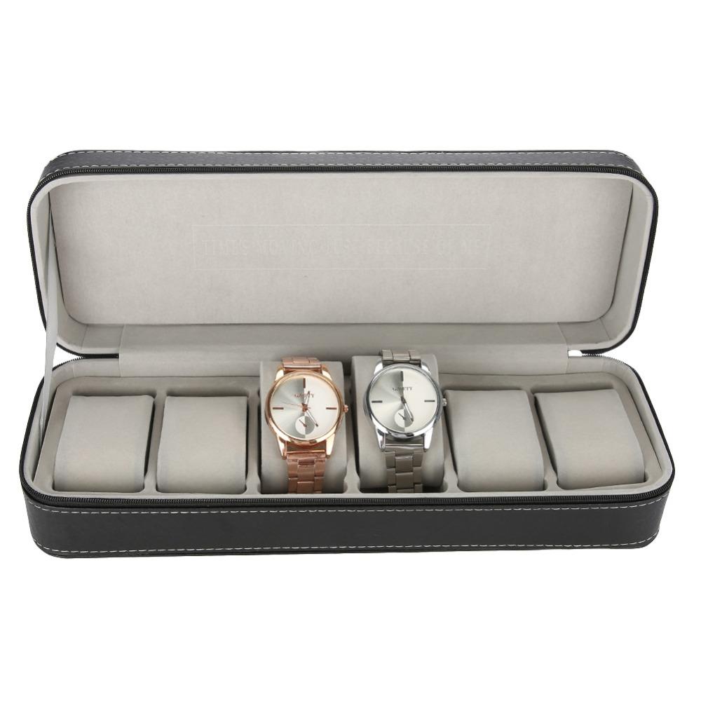 Anti-scratch PU Leather Watch Bag Black 6 Slots Watch Storage Zipper Type Dustproof Watch Case Watch Protection