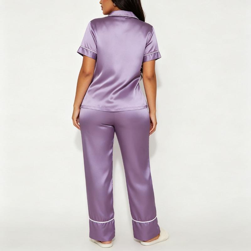 Damen Revers Kurzarm Offen Vorne Zweiteilig Lange Hose Pyjama-Set Lässig Haus Schlaf Loungewear
