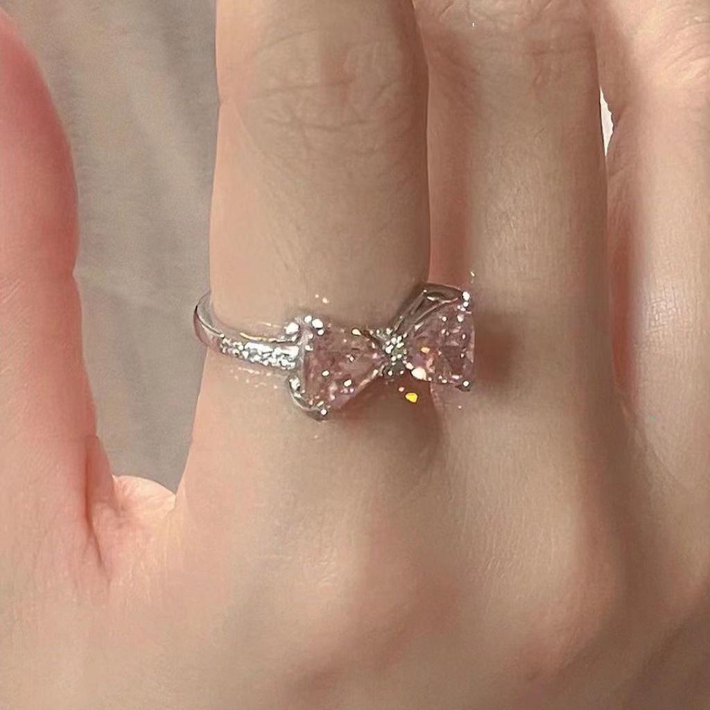 Love Pink Bow Open Ring Women's Pink Diamond Zircon French Exquisite Slightly Inlaid Sweet Girlfriend Ring