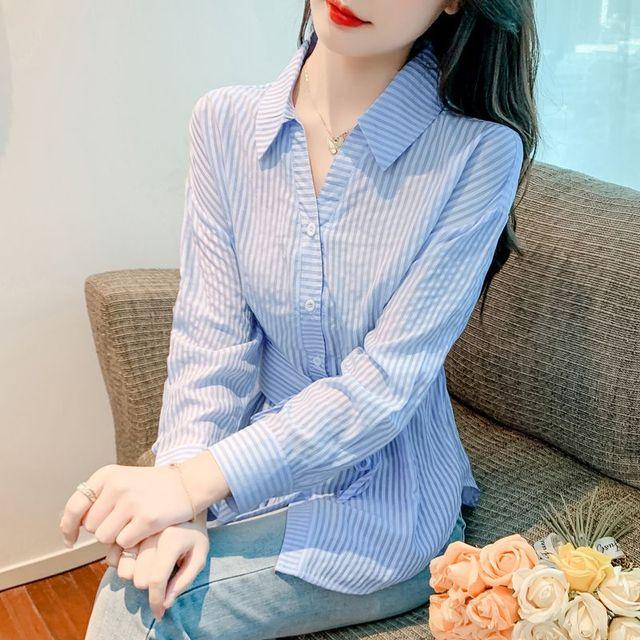 

Полосатая рубашка, весенне-осенняя женская новая французская блузка с длинным рукавом и отложным воротником S синий