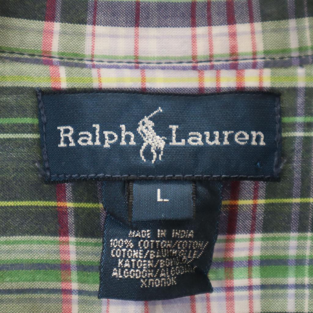 Ralph Lauren Check Pattern Short Sleeve Button Down Shirt L Green System Women Used
