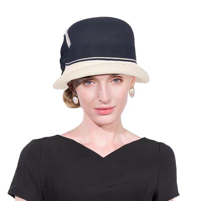 Women Sun Straw Hat Cloche Derby Hat1920s Vintage Bucket Hat with Bow Accent Foldable Packable for Beach Vacation