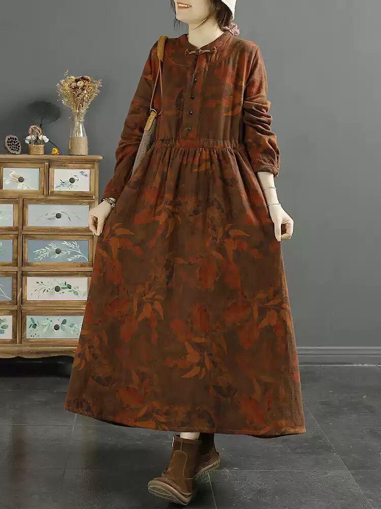 

2025 осень новый ретро китайский воротник-стойка пряжка модный принт талия тонкий хлопок и лен платье с длинным рукавом женское XXL оранжевый
