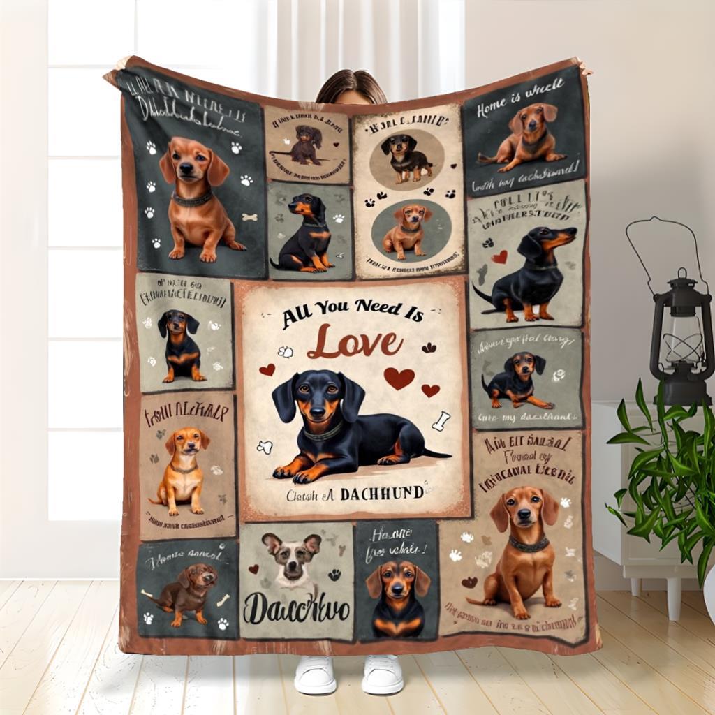 Cute Dachshund Dog Print Blanket, Plush Flannel Throw for Sofa Bed Travel, Cozy Pet-Themed Gift for Dachshund Lovers