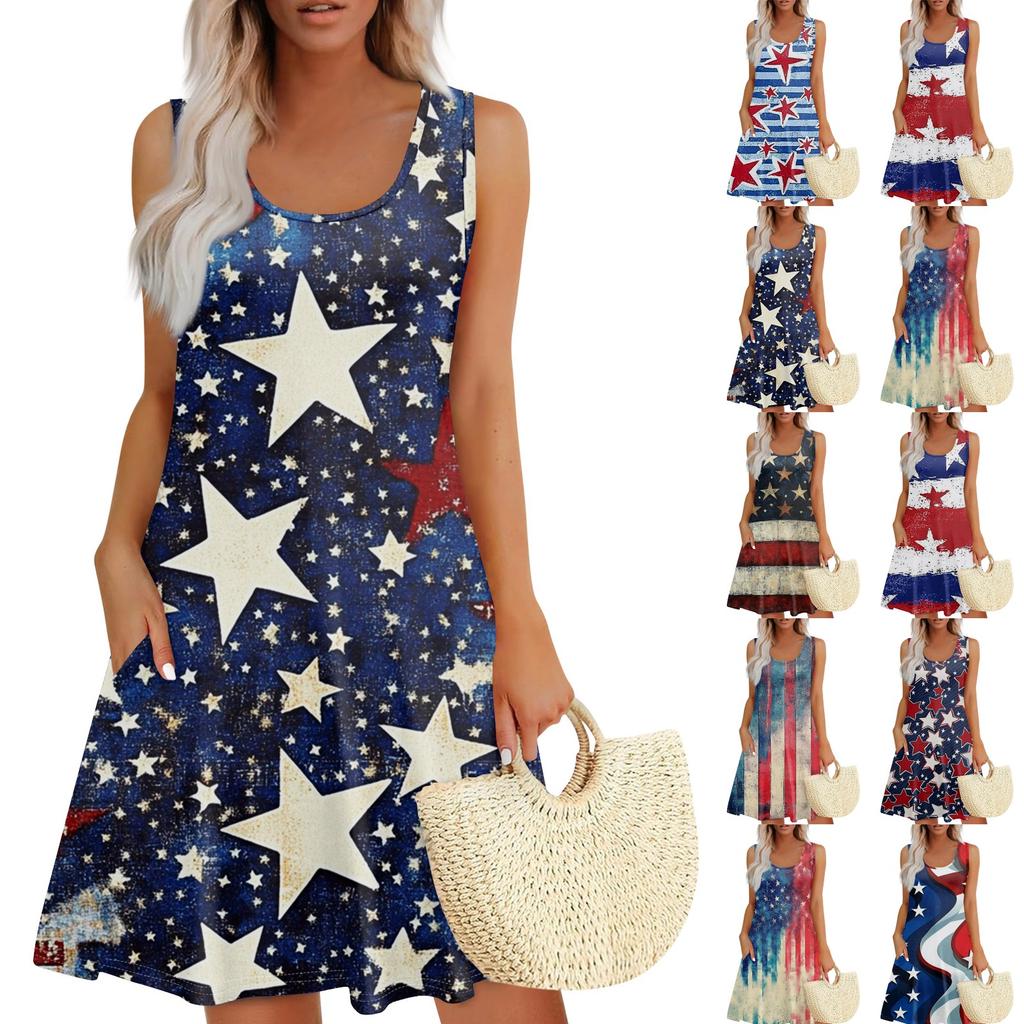 Women's Summer Casual Square Neck Independence Day Printed Dress Sleeveless Dress With Pockets