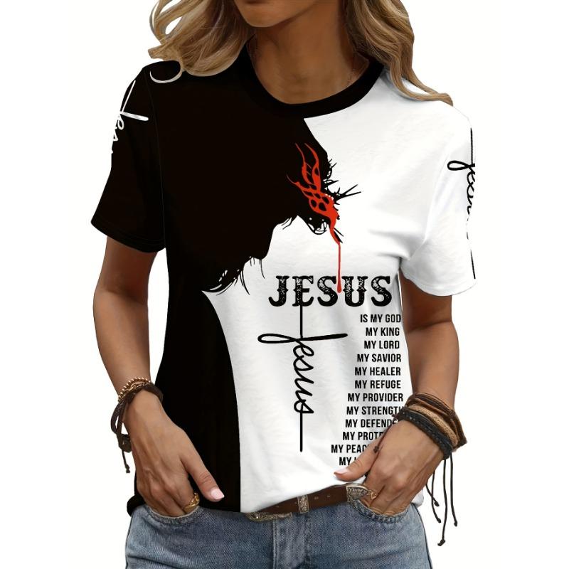 

Jesus letter printed round neck T-shirt fashionable casual sports shirt new women s short sleeved top S