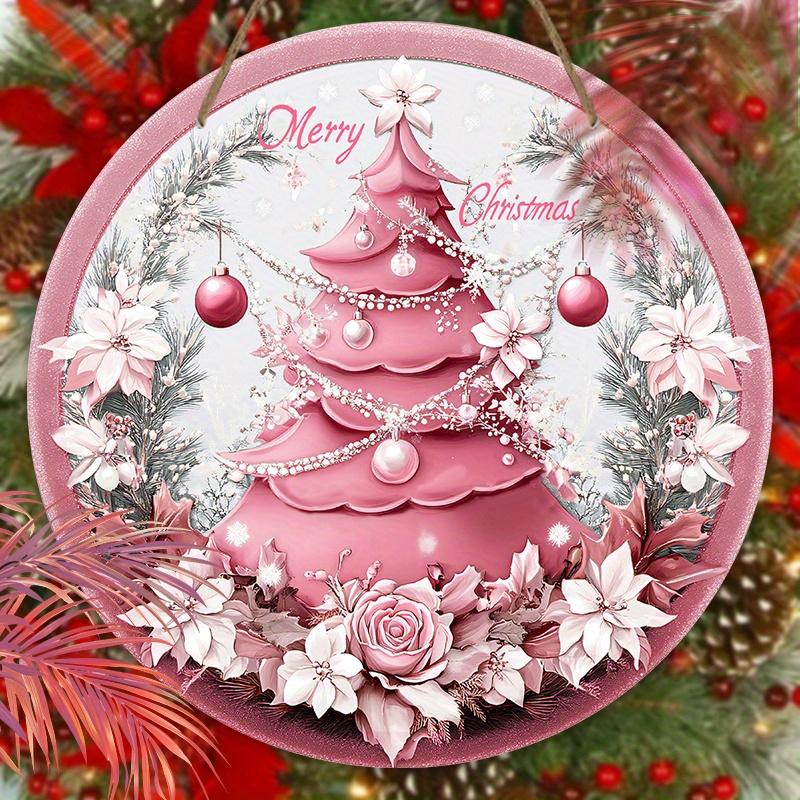 Wooden Pink Christmas Sign, Merry Christmas Round Ornament for Front Door Wall Hanging Decor, Ideal Christmas Gift