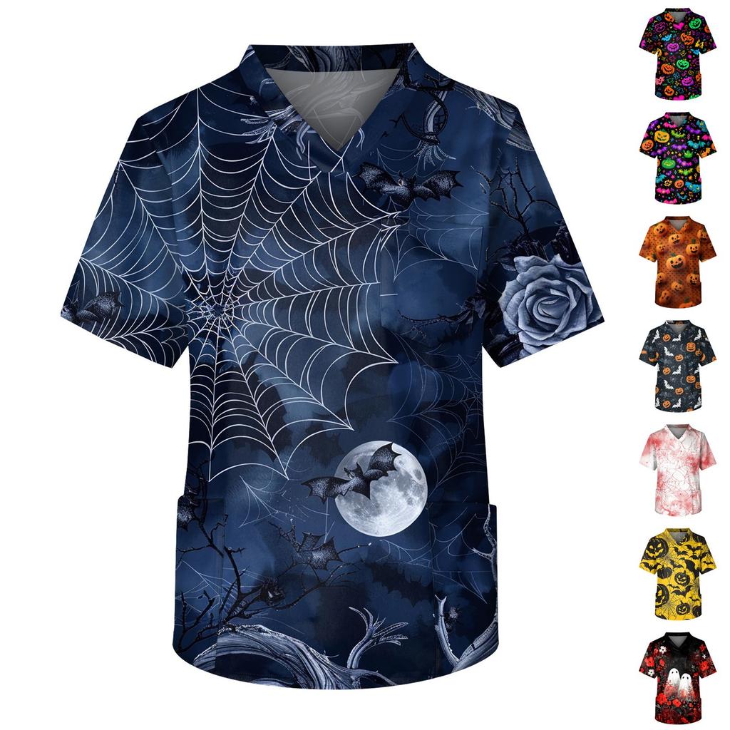 Top de îngrijire pentru bărbați cu mânecă scurtă, decolteu în V, imprimeu de Halloween, buzunar la piept