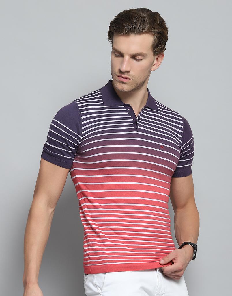 MONTE CARLO Mens Striped Purple Collar Neck Half Sleeve T-Shirt
