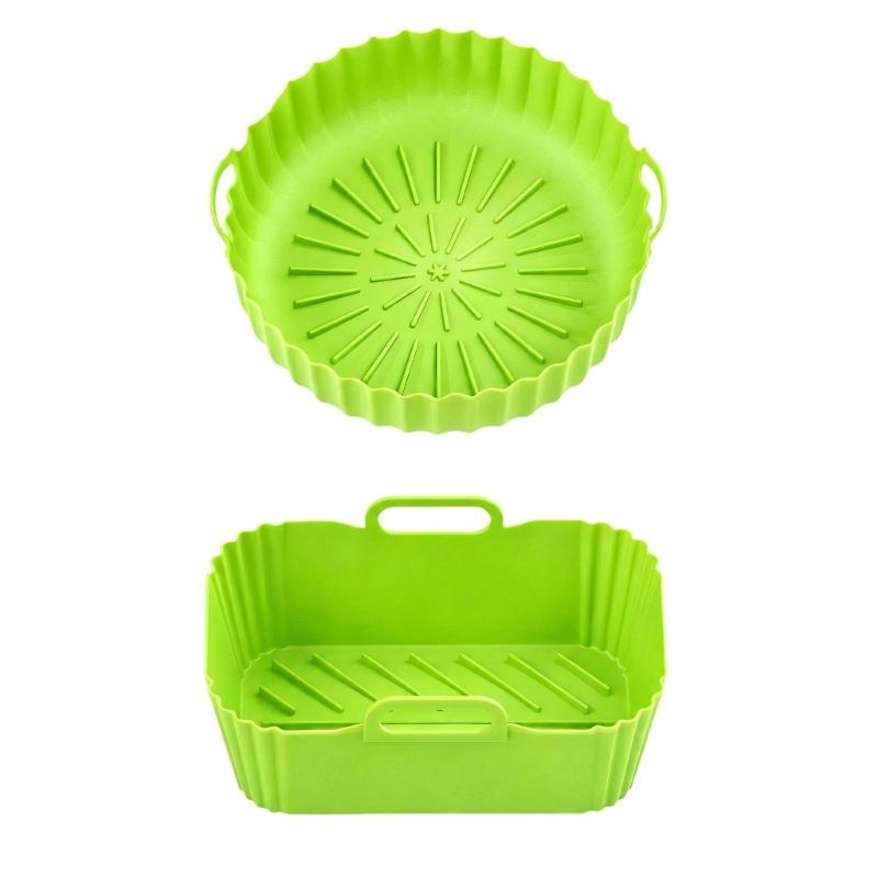 Round and Square Cooking Basket Trays in Reusable Silicone with Grip Handle Design and Crumb Collecting Base Pair