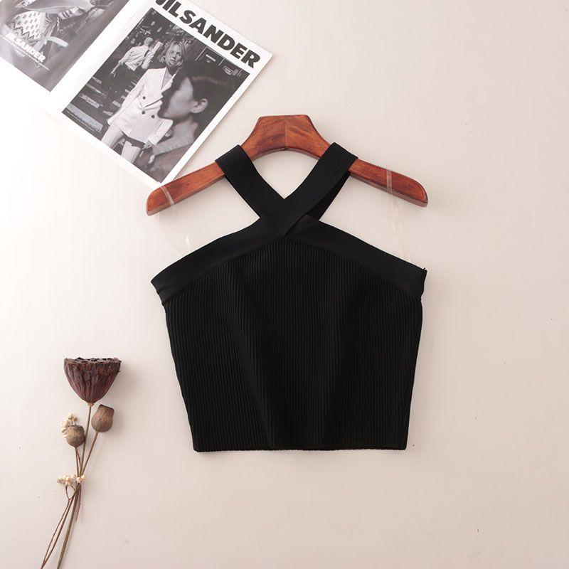 Foreign Trade Original Order Rib Hanging Neck Gyaru Short Vest Western Style off-Shoulder Slim Fit Knitted Sling Top