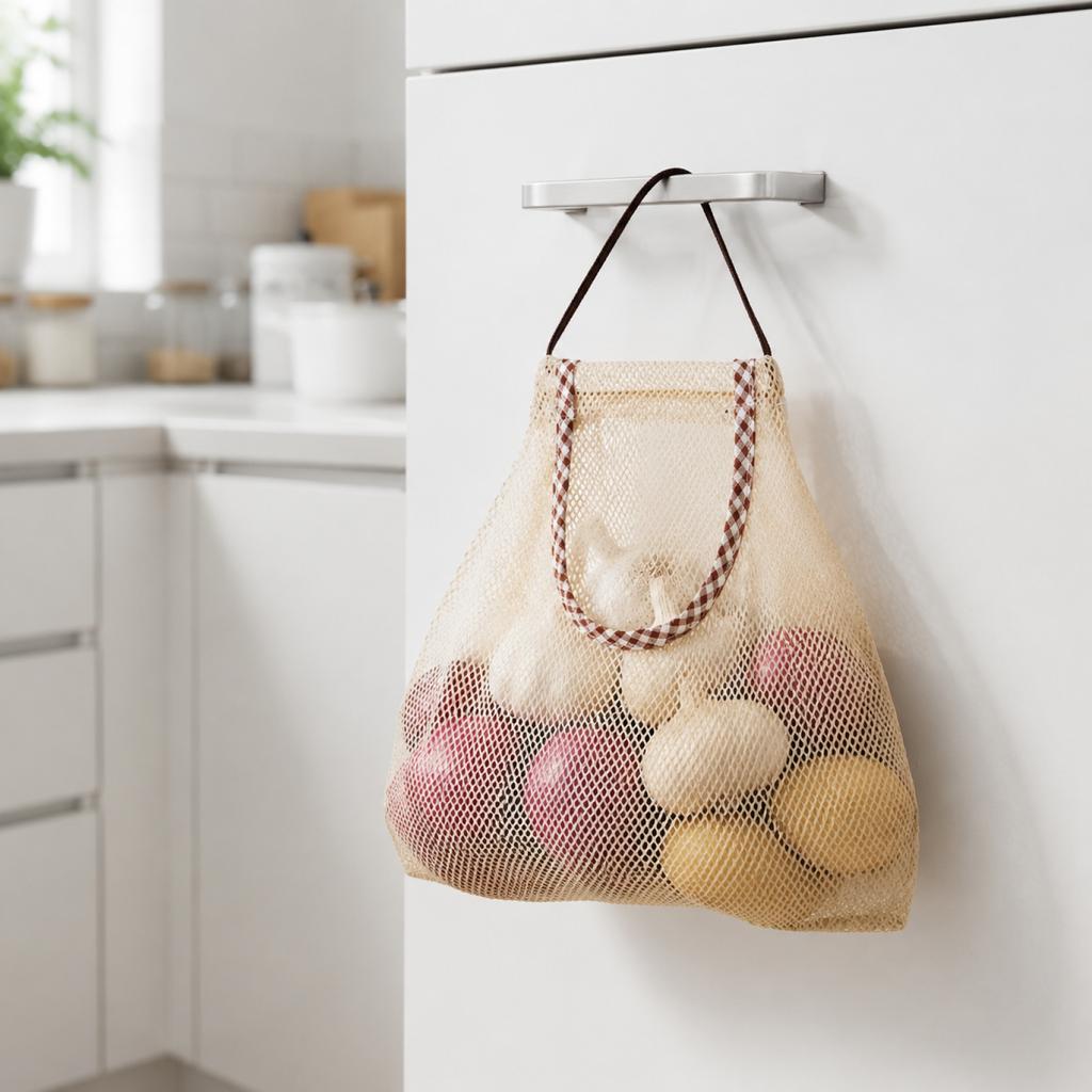 Hanging Kitchen Storage Bag Mesh Produce Organizer Polyester Net Bag for Fruits and Vegetables Kitchen Hanging Storage