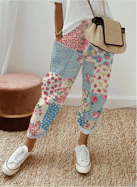 2024 summer new TEMU European and American fashion casual cross-border independent drawstring pocket plaid printing casual pants S