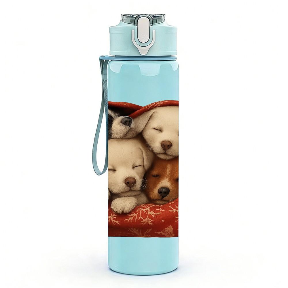 1PC Puppies Sleeping Soft Blanket Print 750ml Color Plastic Sports Water Bottle Leakproof Flip Straw Lid Suitable for Sports Office Home Use