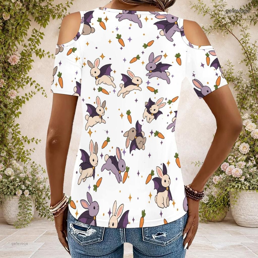 Women Plus Size Keyhole Ring Neck Cold Shoulder Short Sleeve Cartoon Bunny Print White T Shirt