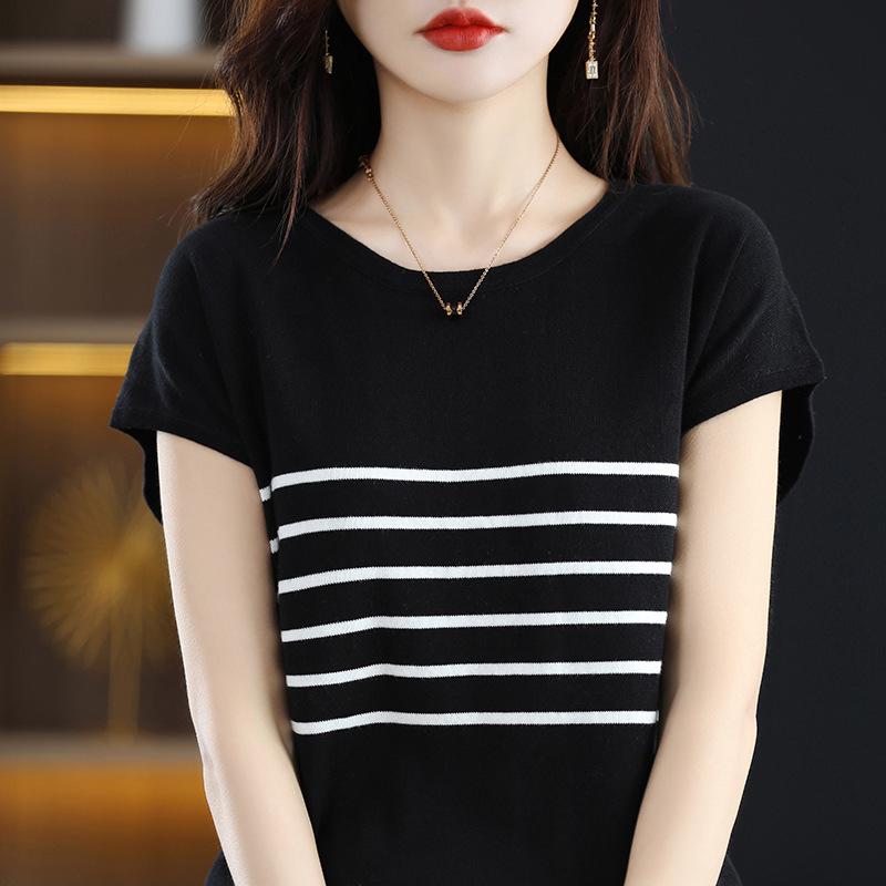 Women's Spring 2024 Cotton Striped Knitwear T-Shirt - Short Sleeve, Round Neck