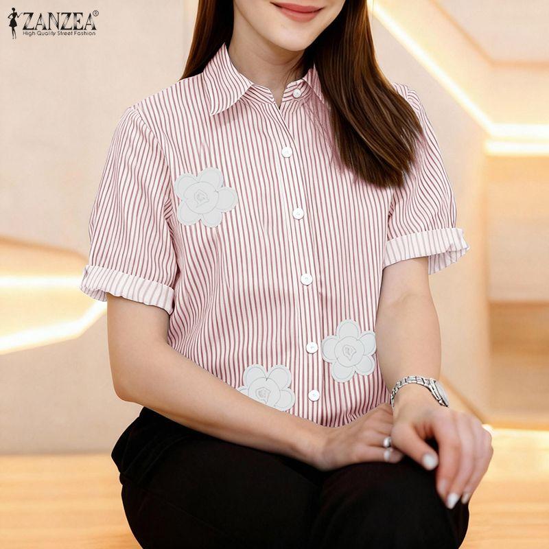 ZANZEA Women Casual Turn Down Collar Short Sleeve Stripe Blouse