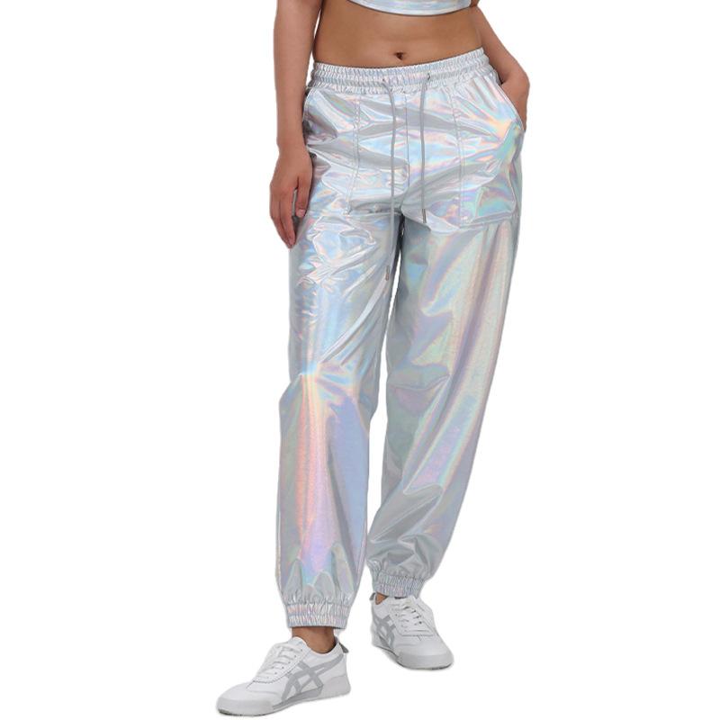 

Жіночі блискучі металеві штани-джоггери Блискучі спортивні штани з голографією Хіп-хоп клубні вуличні штани XL срібний/різнокольоровий